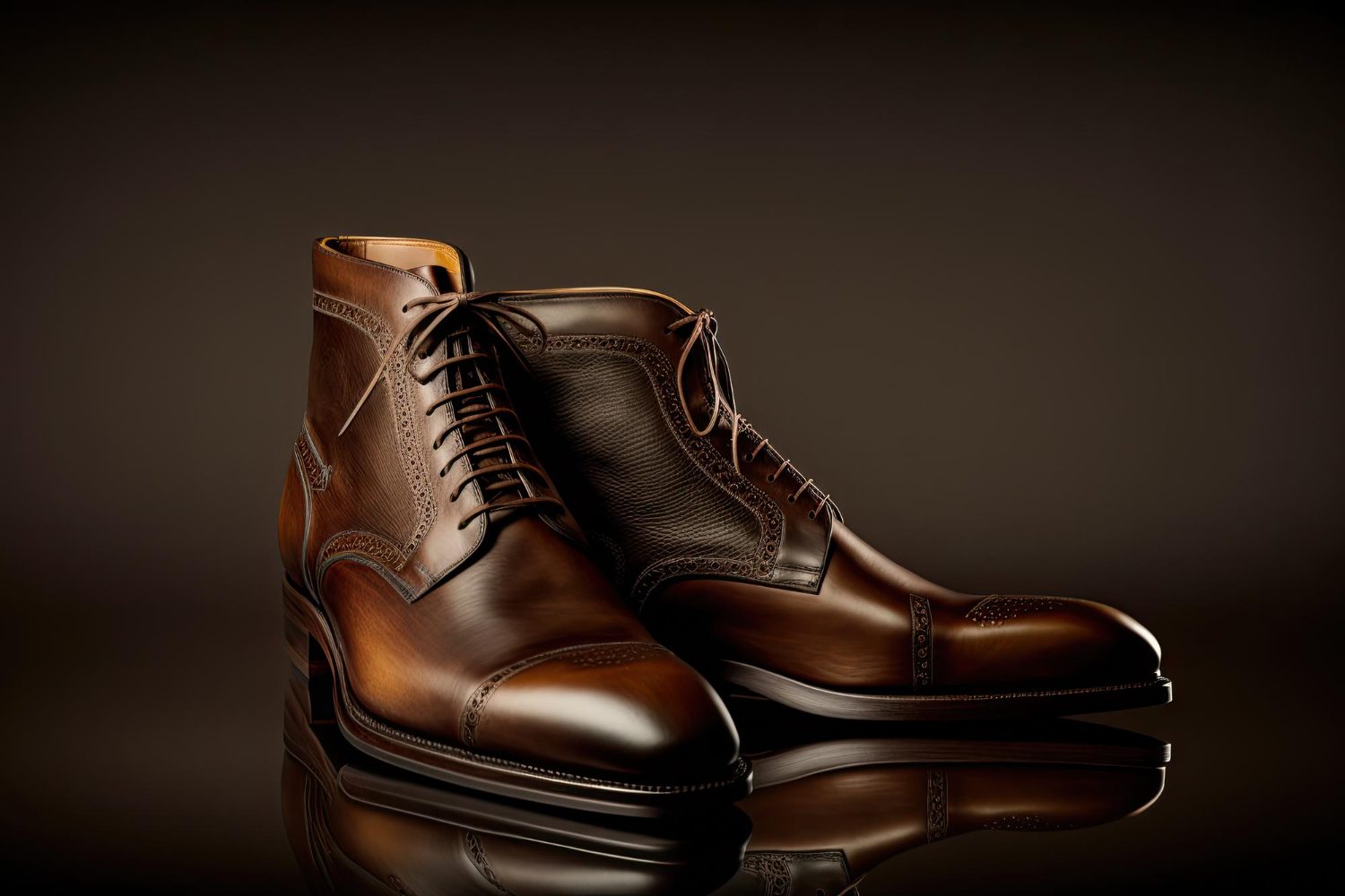 A pair of polished brown leather dress boots with laces, featuring detailed stitching, displayed on a reflective surface against a dark background. A pair of polished brown leather dress boots with laces, featuring detailed stitching, displayed on a reflective surface against a dark background.