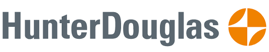 Hunter Douglas logo with grey text and an orange circular geometric icon on the right.