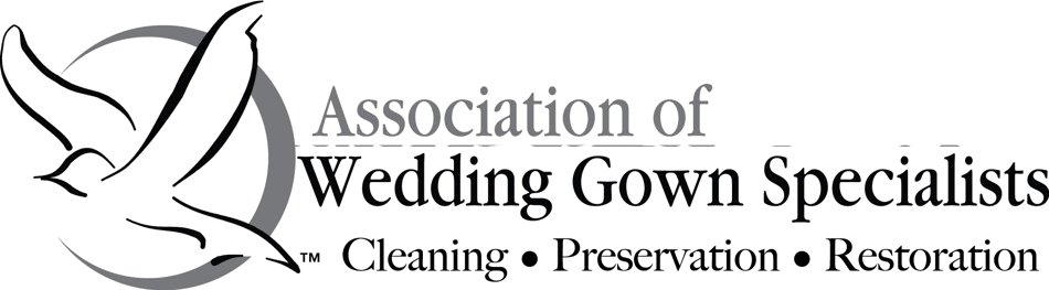 Logo for the Association of Wedding Gown Specialists featuring a dove and the text: "Cleaning, Preservation, Restoration.
