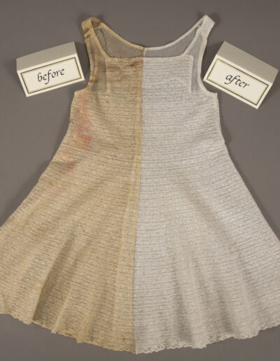 A dress is shown divided vertically, with the left side discolored and stained labeled “before,” and the right side clean and bright labeled “after.”.