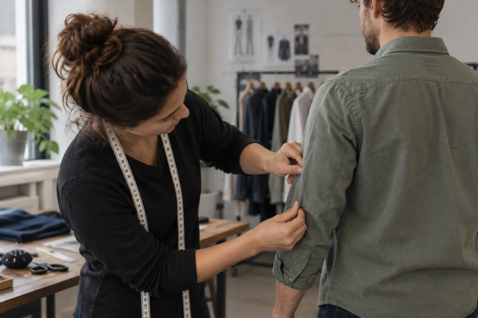 A tailor adjusts the sleeve of a man’s shirt in a workspace, with clothing racks and sewing supplies visible in the background.